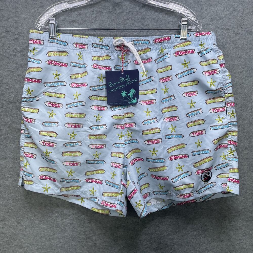 NWT Southern Proper Mens XL Swim Trunks Beach Sign Print Mesh Lined 5" Inseam